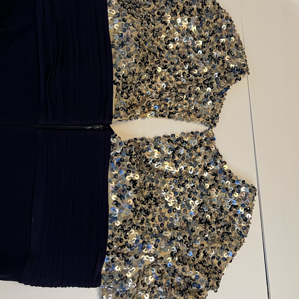 JS Boutique Navy Gown with Silver Sequin Cap Sleeves - Picture 9 of 15